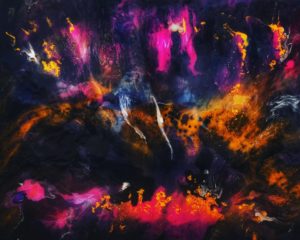 Resin artwork, with depth, colors pink purple black blue orange, abstract