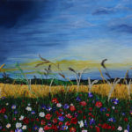 Field, flowers, rain cloud, grain field