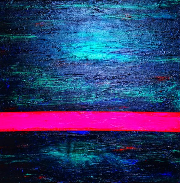Abstract artwork, structure paste, colors in pink blue red darkblue and metallic, Pink horizontal stripe