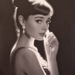 A classic black-and-white painting titled "Audrey," featuring a glamorous woman inspired by Audrey Hepburn, dressed in an elegant gown with sparkling earrings and a graceful pose. Artwork by best Swiss contemporary artist