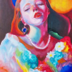 A vibrant, abstract-style painting of a woman bathed in colorful light, adorned with pearls and a blue gemstone earring, set against the backdrop of the sun and moon. Artwork by best Swiss contemporary artist