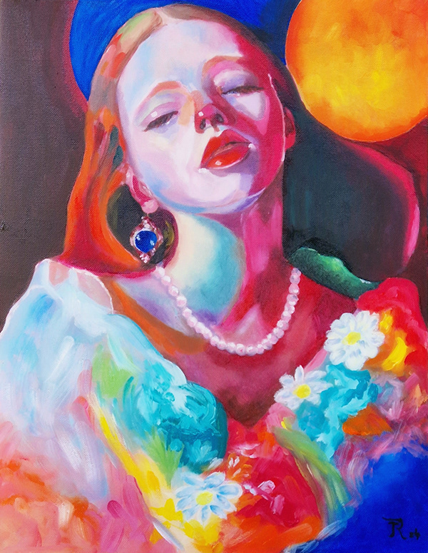 A vibrant, abstract-style painting of a woman bathed in colorful light, adorned with pearls and a blue gemstone earring, set against the backdrop of the sun and moon. Artwork by best Swiss contemporary artist