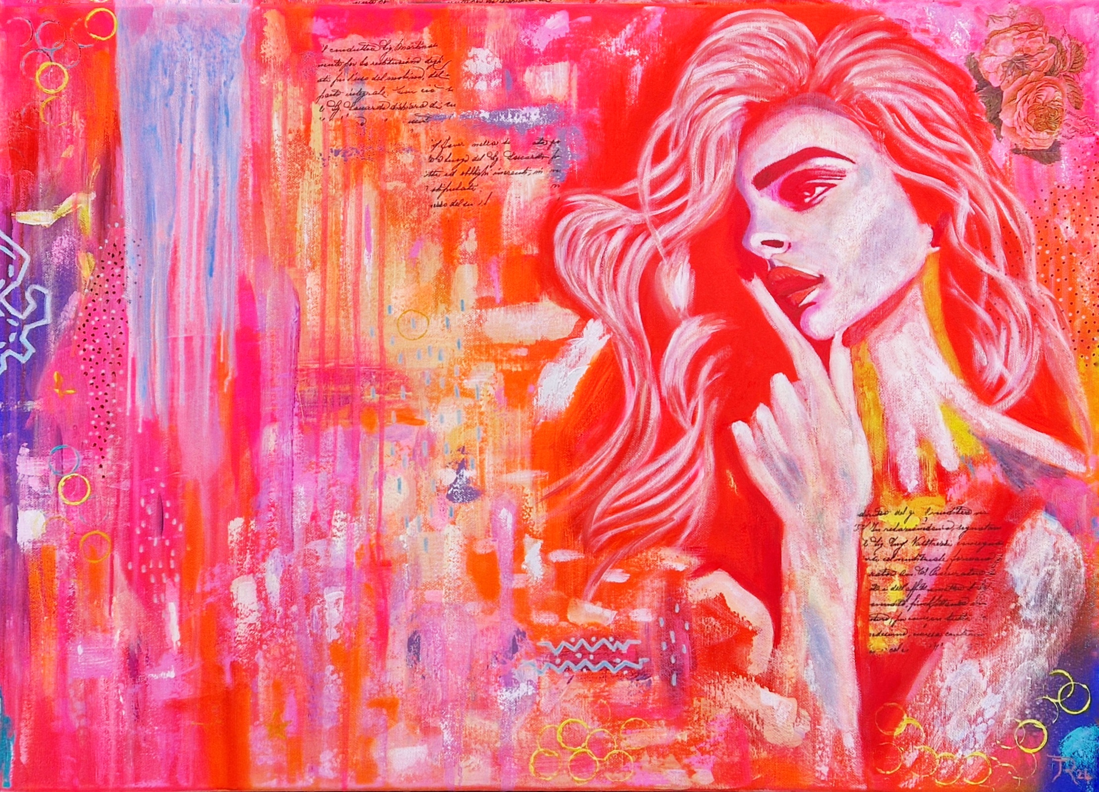 Secret of Dreams explores the delicate intersection of imagination and reality. Through vivid splashes of pink, orange, and red, combined with intricate layered patterns and text fragments, this artwork captures the contemplative spirit of a woman immersed in her inner world. A true celebration of feminine elegance and modern abstract art. Artwork by best Swiss contemporary artist