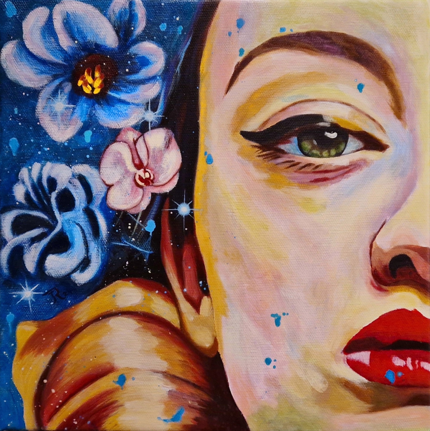 Close-up abstract portrait of a woman's face with green eyes, red lips, and vibrant flowers set against a cosmic background of deep blue and starry details. Artwork by best Swiss contemporary artist