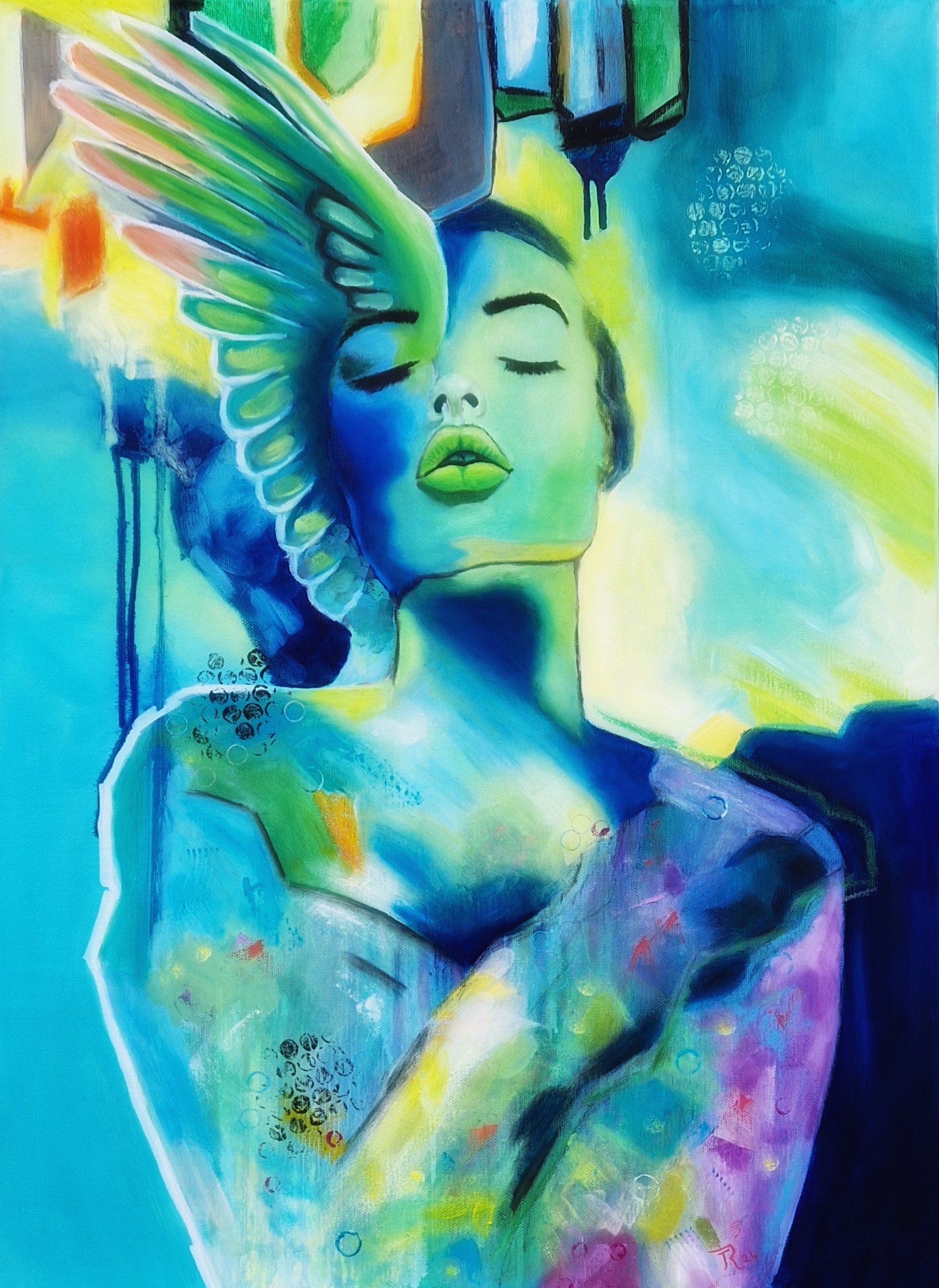 Abstract artwork of a serene figure with closed eyes, painted in vibrant blue, green, and yellow tones, featuring an angelic wing and textured layers that evoke peace and introspection. Artwork by best Swiss contemporary artist