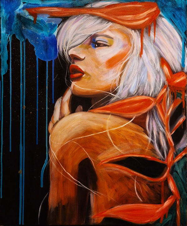 Abstract portrait of a woman with flowing white hair, vibrant red-orange accents, and a contemplative expression, set against a dark background with dripping blue textures. Artwork by best Swiss contemporary artist