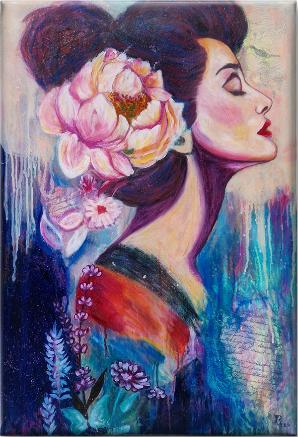 Abstract portrait of a woman with her hair styled in an updo, adorned with large pink and white flowers, set against a textured background of blues, purples, and soft pastel tones. Artwork by best Swiss contemporary artist