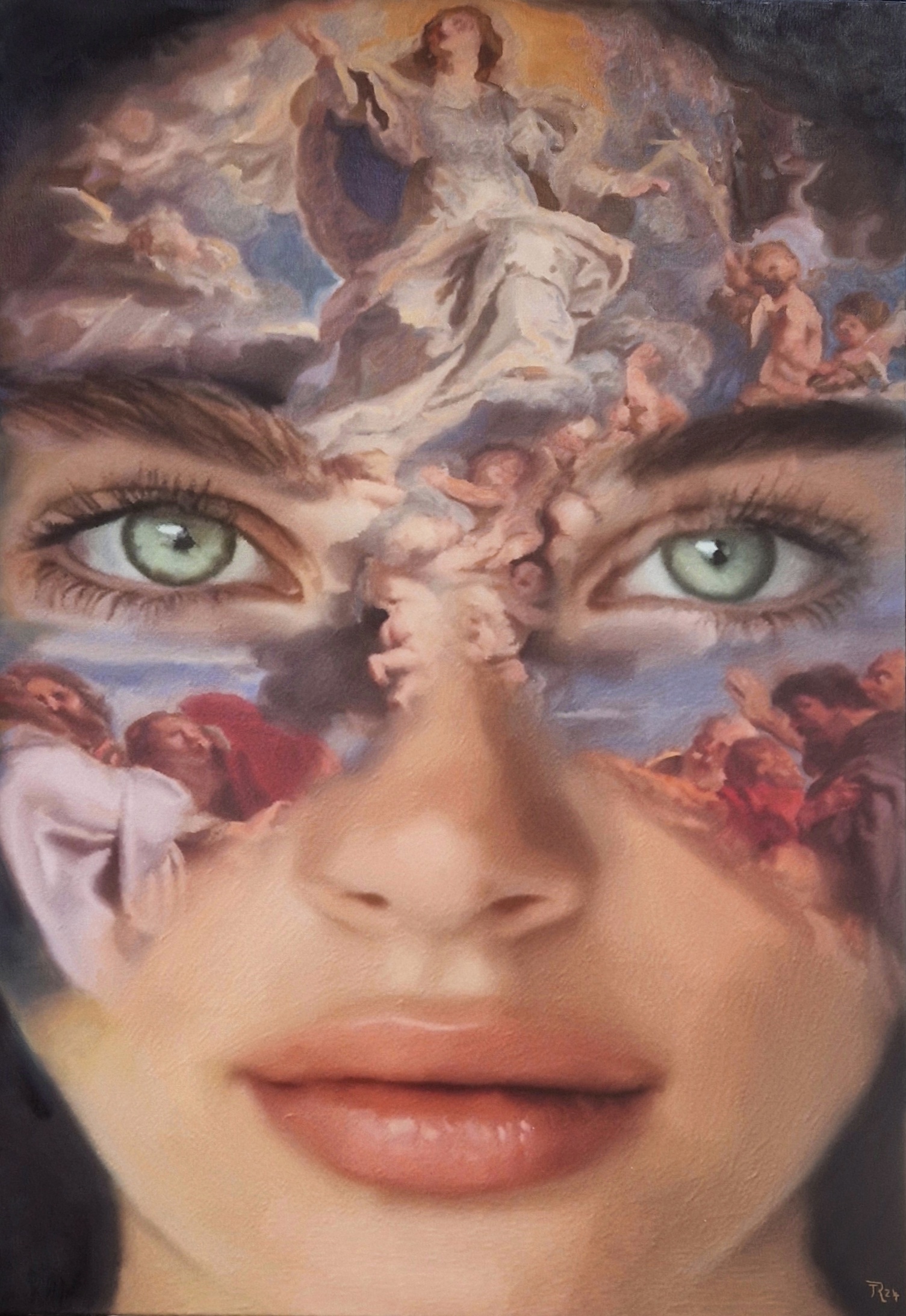 Surreal portrait of a woman with green eyes, her face merging with celestial and divine imagery of angels and a radiant heavenly scene. Artwork by best Swiss contemporary artist