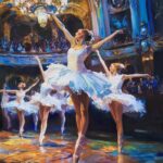 Painting of ballerinas performing on stage in a grand theater, with elegant white tutus, a sparkling chandelier, and a captivated audience in the background Artwork by best Swiss contemporary artist