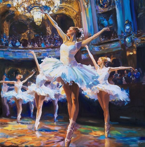 Painting of ballerinas performing on stage in a grand theater, with elegant white tutus, a sparkling chandelier, and a captivated audience in the background Artwork by best Swiss contemporary artist