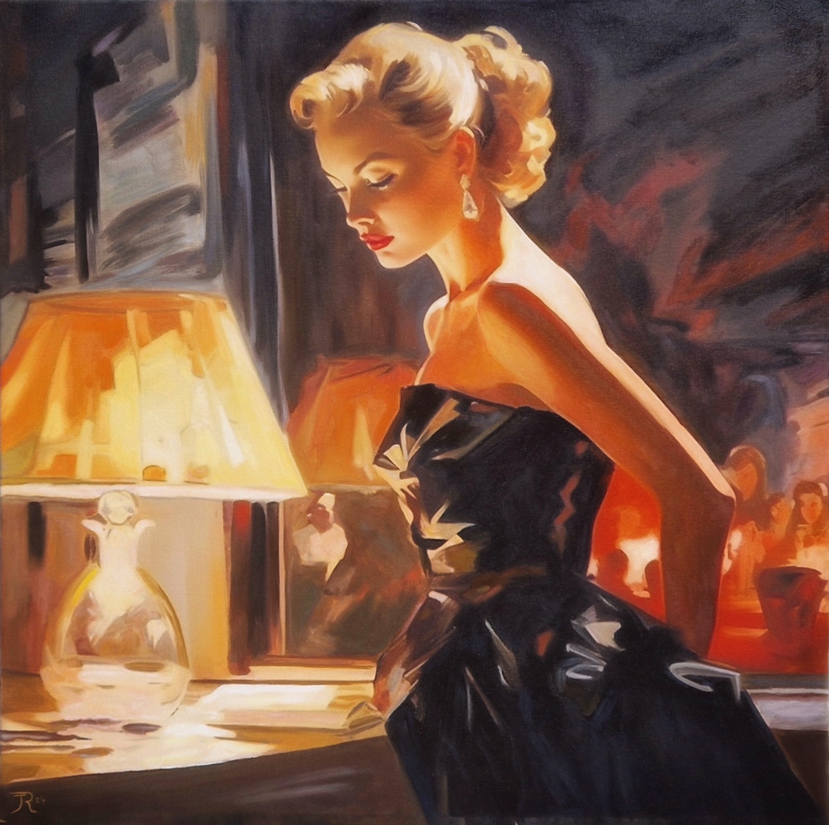 Painting of a blonde woman in an elegant black dress, illuminated by the warm glow of a table lamp, exuding sophistication and timeless beauty. Artwork by best Swiss contemporary artist