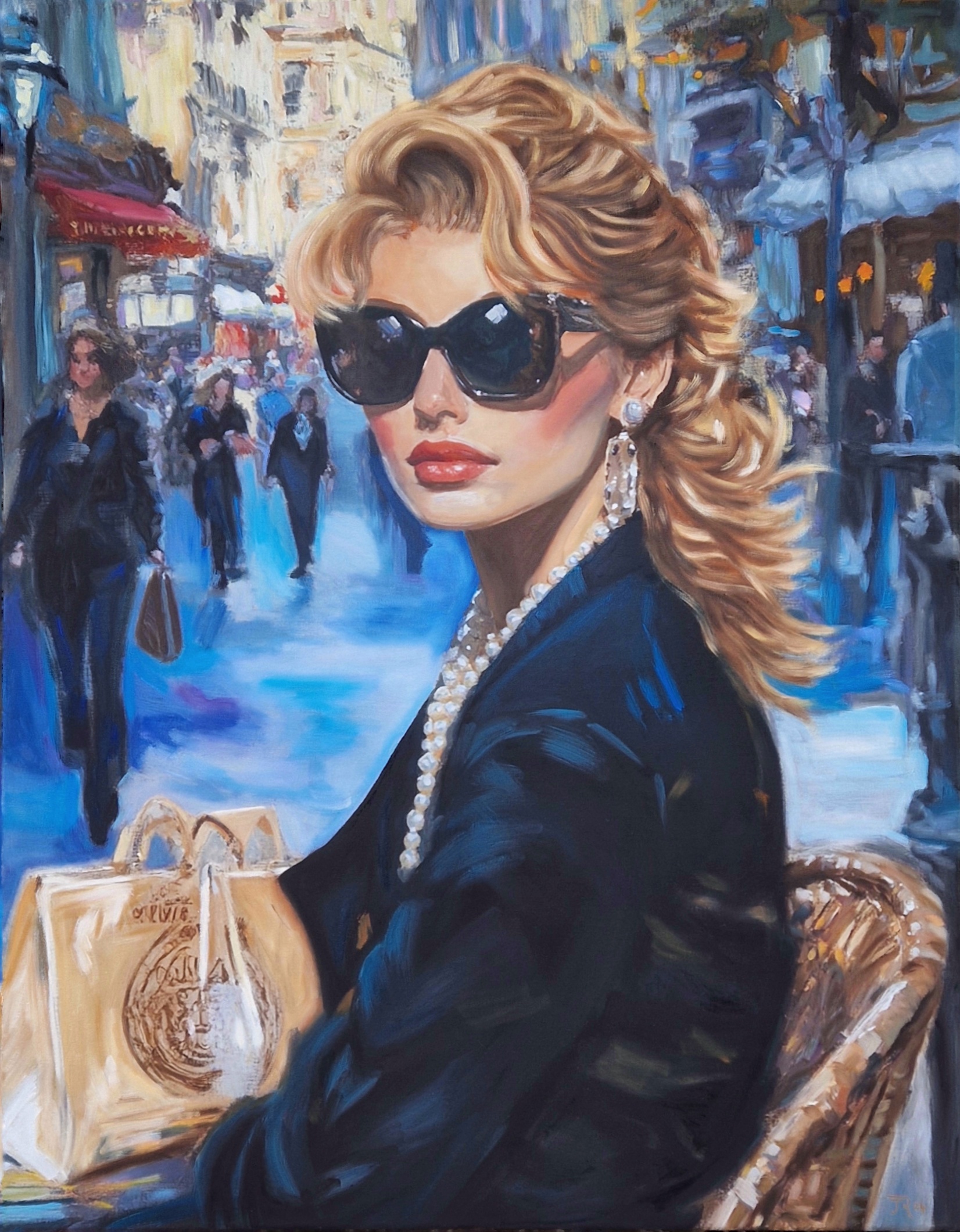 Painting of a fashionable woman with blonde hair wearing oversized sunglasses, pearl earrings, and a necklace, sitting at a café with a city street in the background. Artwork by best Swiss contemporary artist