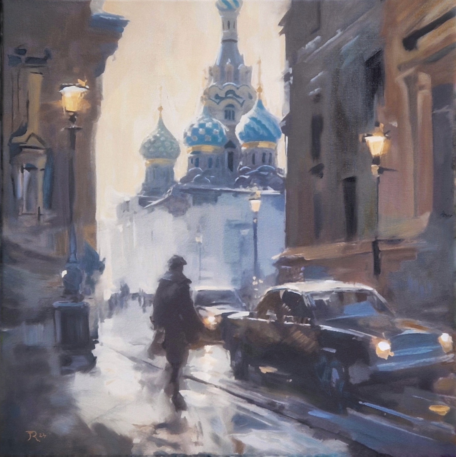 Painting of a misty street scene in Petrograd, with a silhouetted person walking, vintage cars, glowing streetlights, and a cathedral with blue onion domes in the background. Artwork by best Swiss contemporary artist