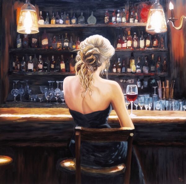 Painting of a blonde woman with her back turned, sitting at a bar with a glass of wine, surrounded by shelves of bottles in warm lighting. Artwork by best Swiss contemporary artist