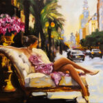 A painting titled "Lingering," depicting a woman lounging on an elegant white chaise, wearing a floral dress, against a vibrant city street backdrop with palm trees, cars, and glowing lights. Artwork by best Swiss contemporary artist