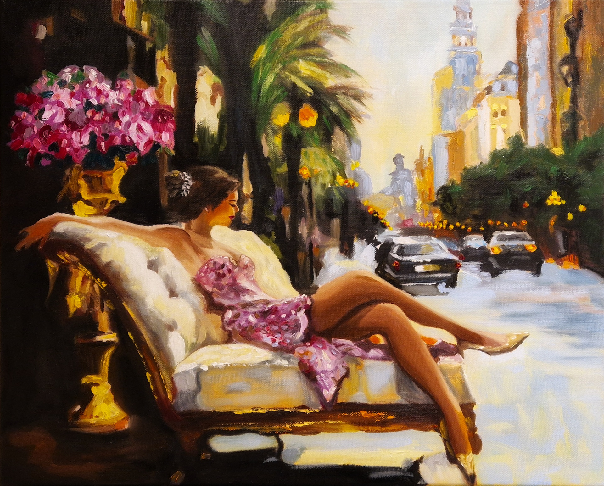 A painting titled "Lingering," depicting a woman lounging on an elegant white chaise, wearing a floral dress, against a vibrant city street backdrop with palm trees, cars, and glowing lights. Artwork by best Swiss contemporary artist