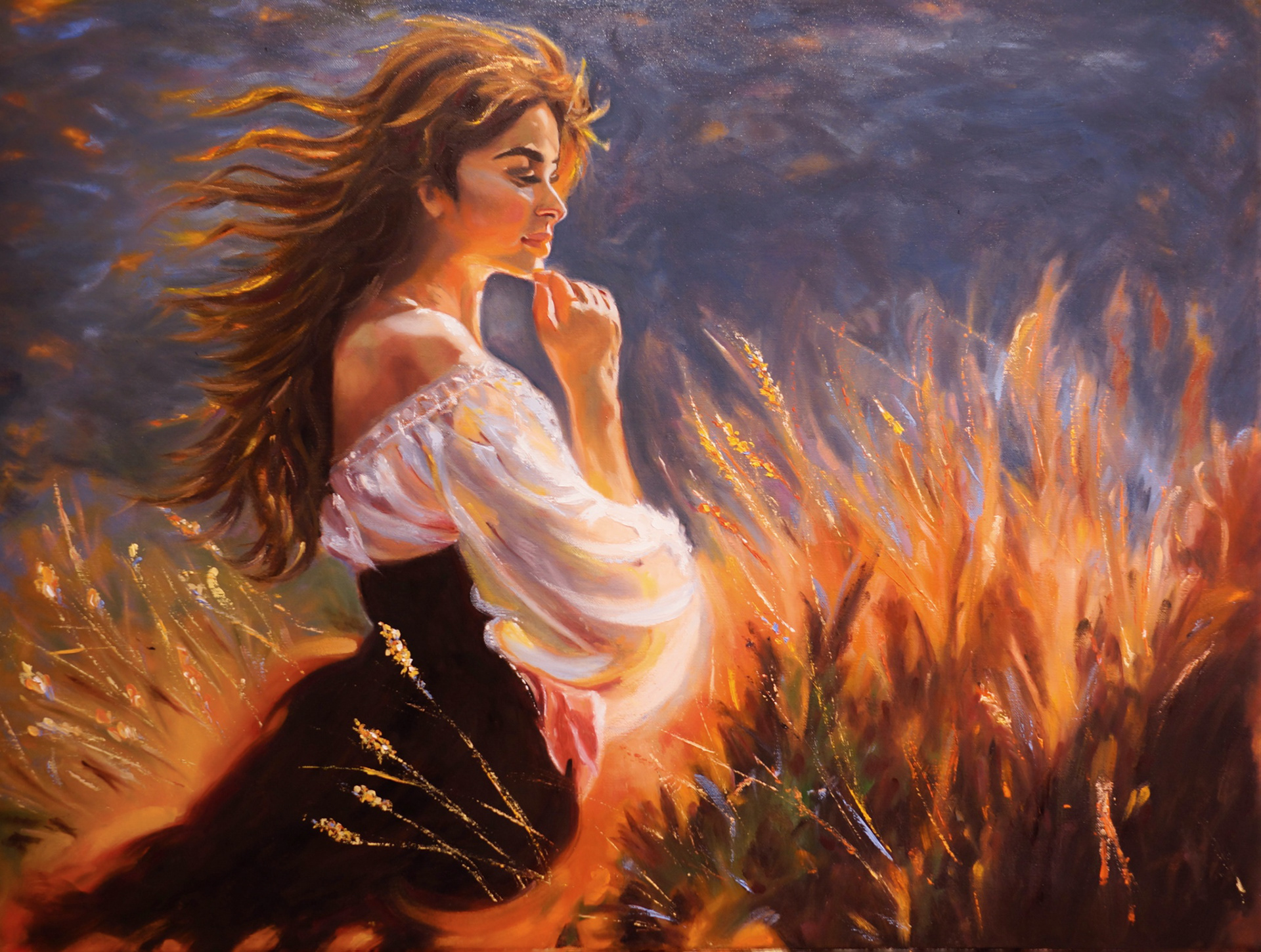 A painting titled "Blowin' in the Wind," featuring a woman in a flowing white blouse and dark skirt, standing in a golden field, with her hair and the grass swaying gently in the breeze under a moody sky. Artwork by best Swiss contemporary artist