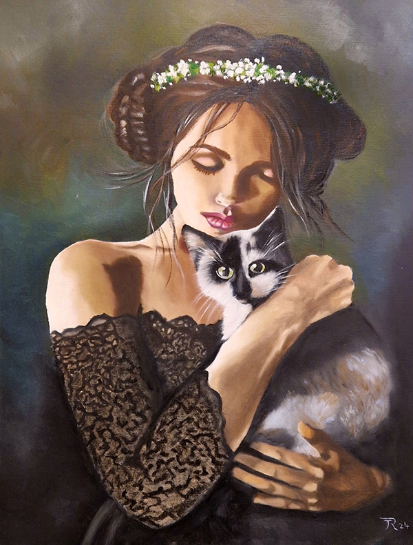 A serene woman with a floral crown and lace dress cradles a black-and-white cat, painted in an artistic and tranquil portrait. Artwork by best Swiss contemporary artist