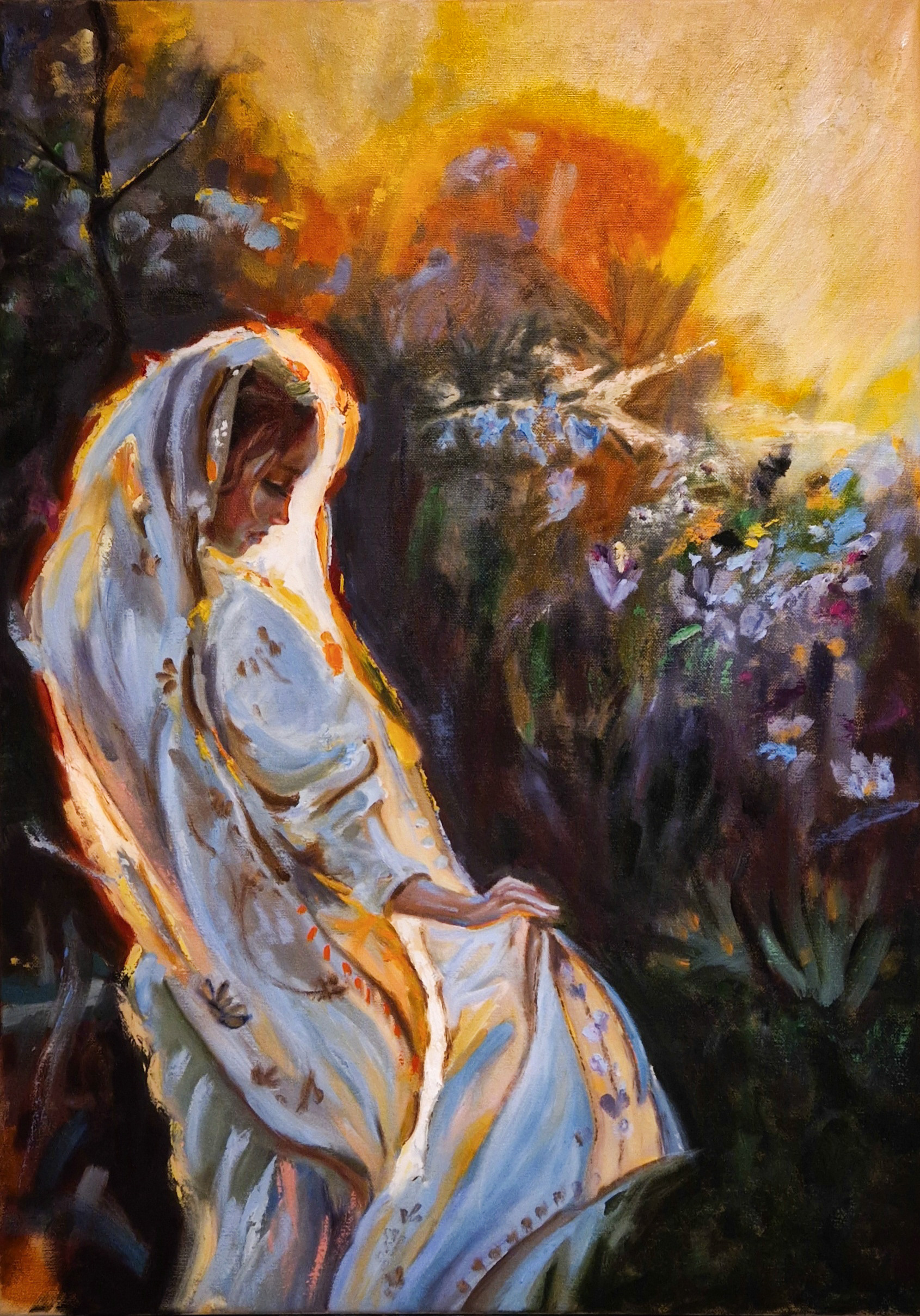 Painting of a woman in a white shawl sitting peacefully, illuminated by warm golden light with a backdrop of flowers and natural beauty Artwork by best Swiss contemporary artist