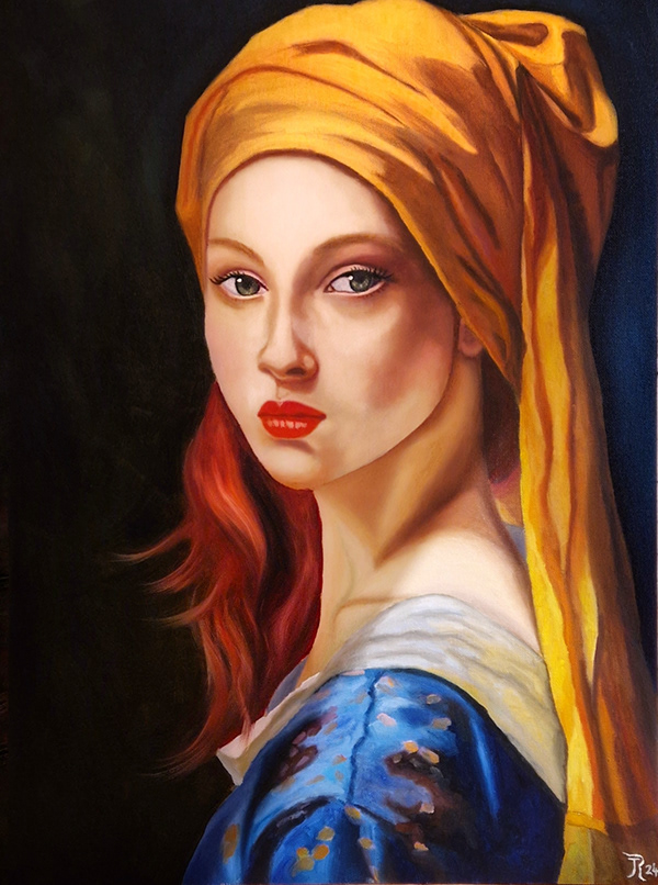 A classical-style portrait of a woman with striking red hair, vibrant red lips, and a golden headscarf, inspired by traditional artistic works. Artwork by best Swiss contemporary artist