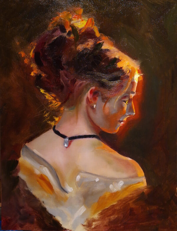 Painting of a woman in warm light, showing her elegant profile with an updo hairstyle, a necklace, and soft, glowing tones. Artwork by best Swiss contemporary artist