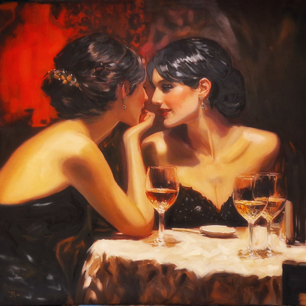 Painting of two women at a table, whispering to each other in a warmly lit atmosphere with glasses of wine and a red backdrop. Artwork by best Swiss contemporary artist