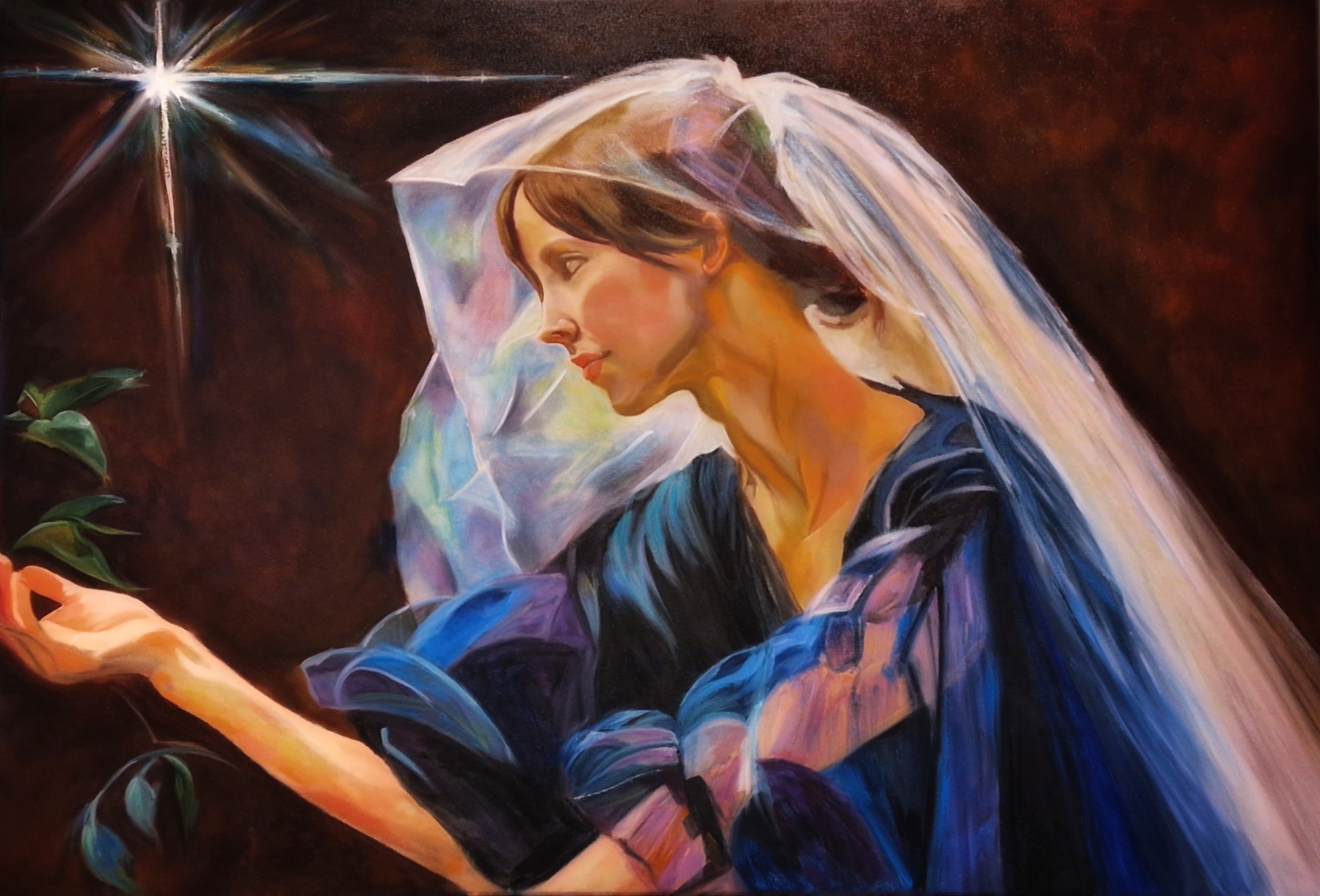 A painting of a woman in a blue robe and white veil, illuminated by a star, reaching toward a green branch – symbolic of hope and divine presence.