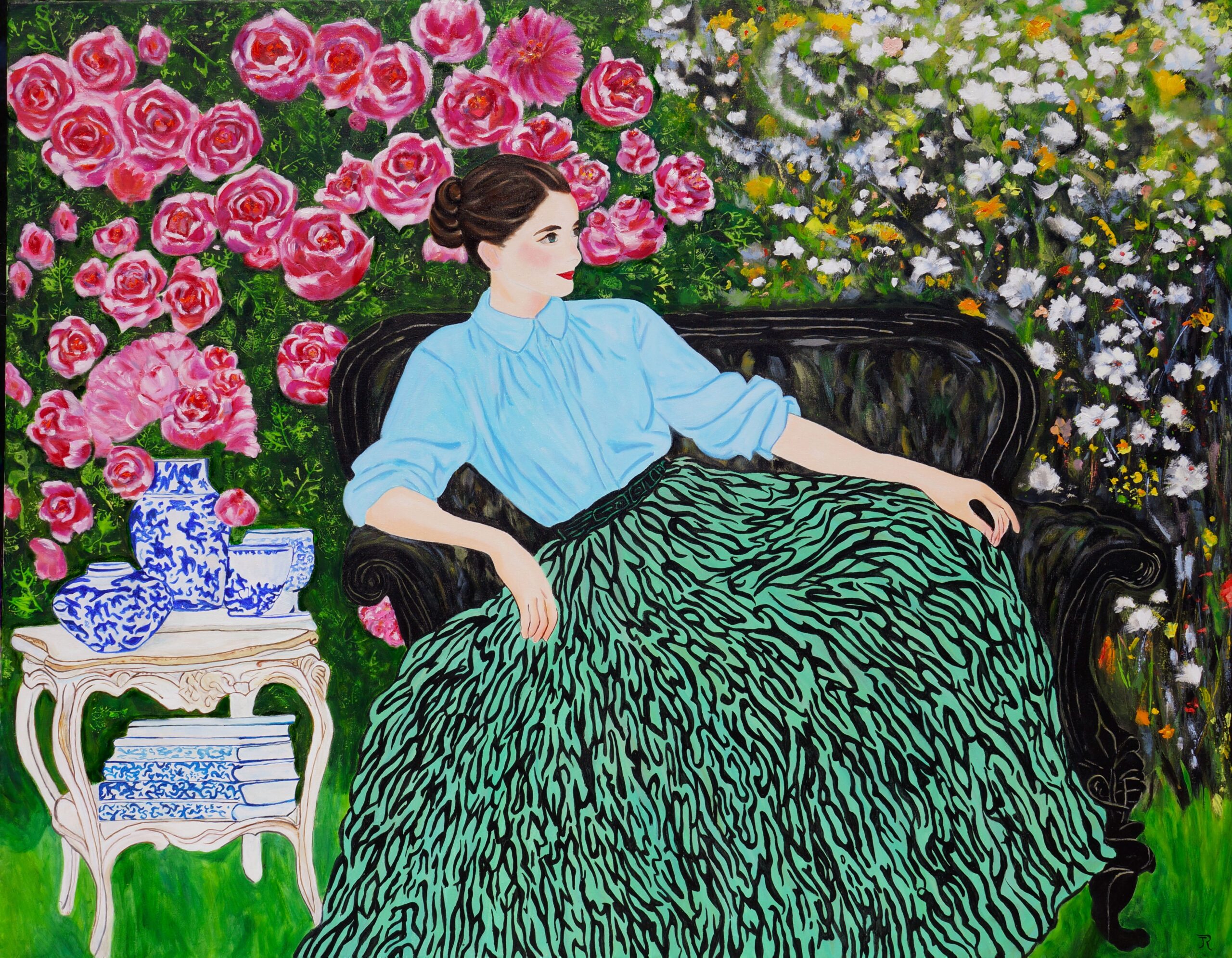 A painting of a woman in a blue blouse and green patterned skirt sitting on a black vintage sofa surrounded by blooming pink roses and white flowers, next to a small white table with blue and white porcelain vases and books
